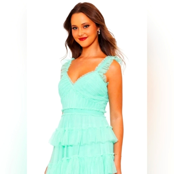 Betsy & Adam Maxi Dress Mesh Green New Sweetheart Neckline Ruffle Tier Sz 10 - Picture 3 of 10